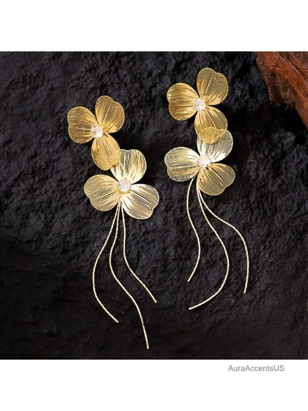 Double Flower Tassel Dangle Earrings Long Cascading Metal Statement Jewelry